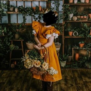 Handmade/boutique linen pinafore dress, mustard, girls’ size 10